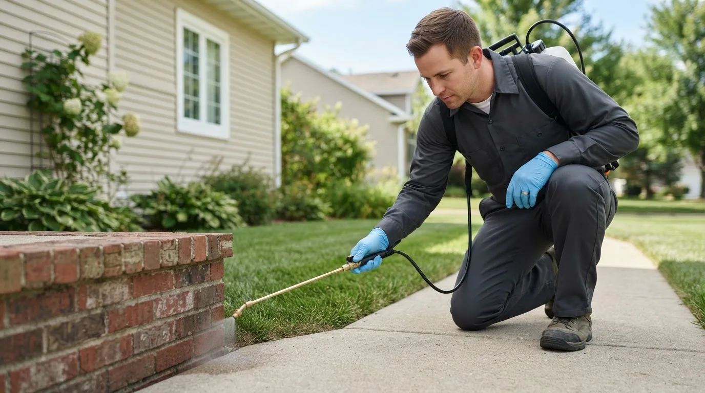 Pest control technician treating a home near Morrisville, VT